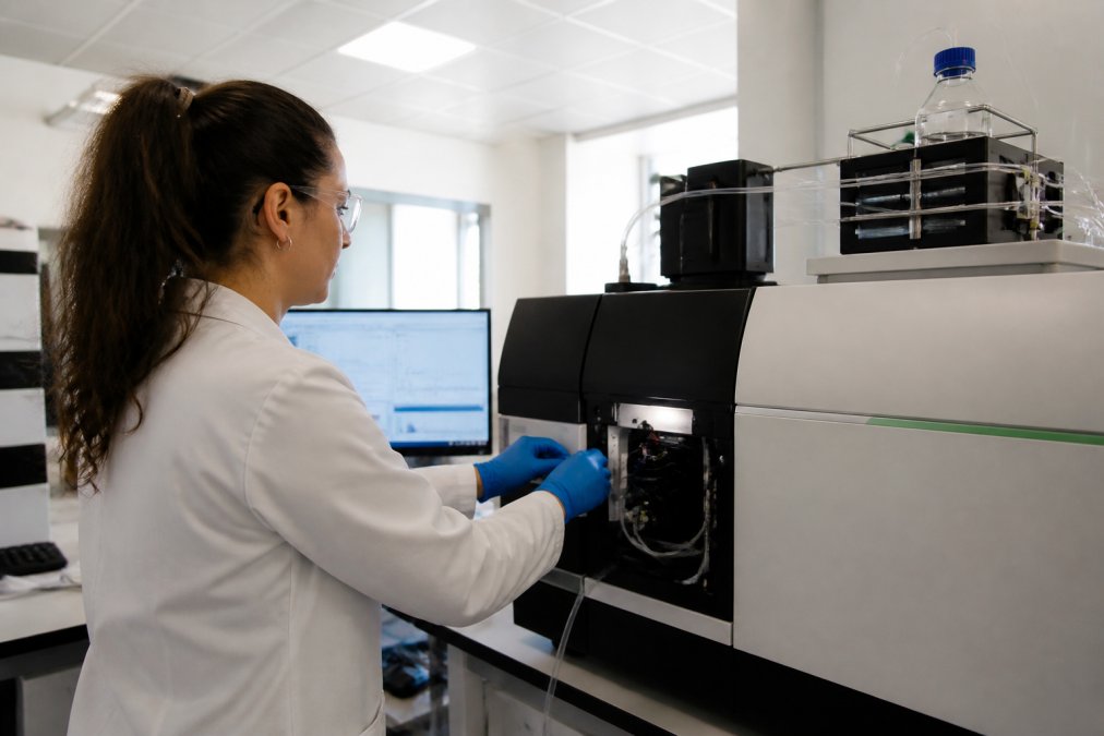 Laboratory technician operating liquid chromatography-mass spectrometry equipment in modern research facility, with computer display showing analytical results and chromatographic peaks in the background