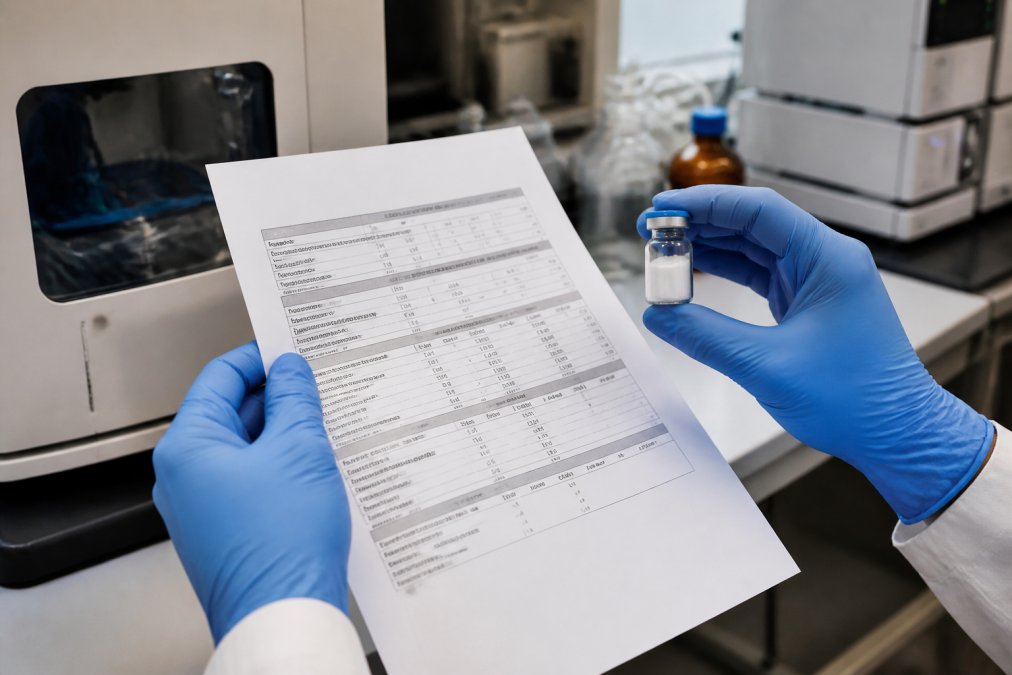 Close-up of hands carefully holding a Certificate of Analysis document next to a sealed peptide vial under bright laboratory lighting, with analytical equipment visible in the background