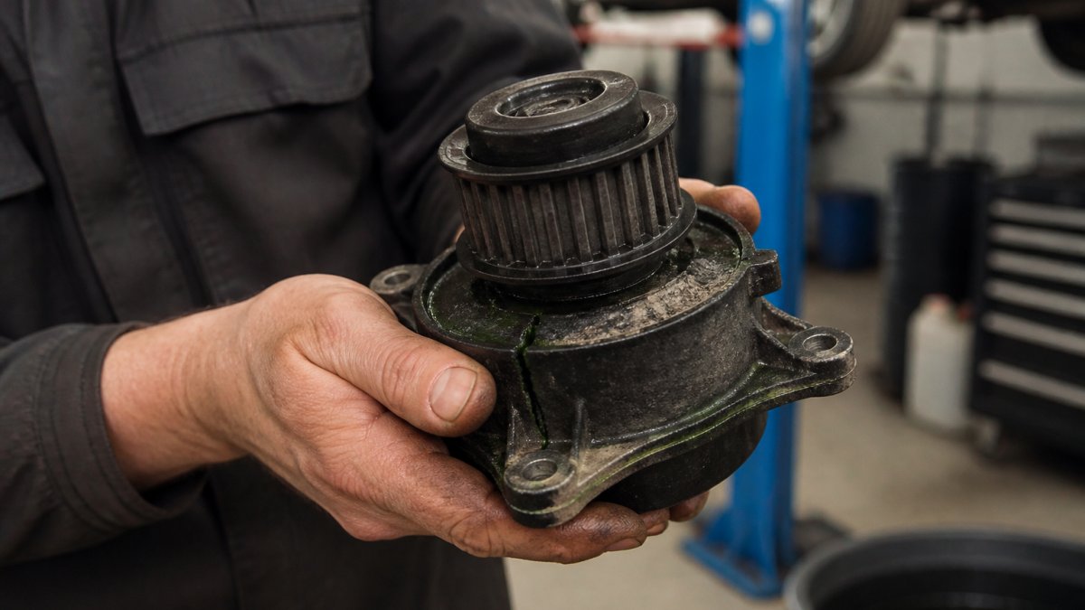 A close-up photograph of a mechanic's hands holding a worn Volkswagen water pump with visible coolant residue and a cracked plastic flange, with a garage workshop background