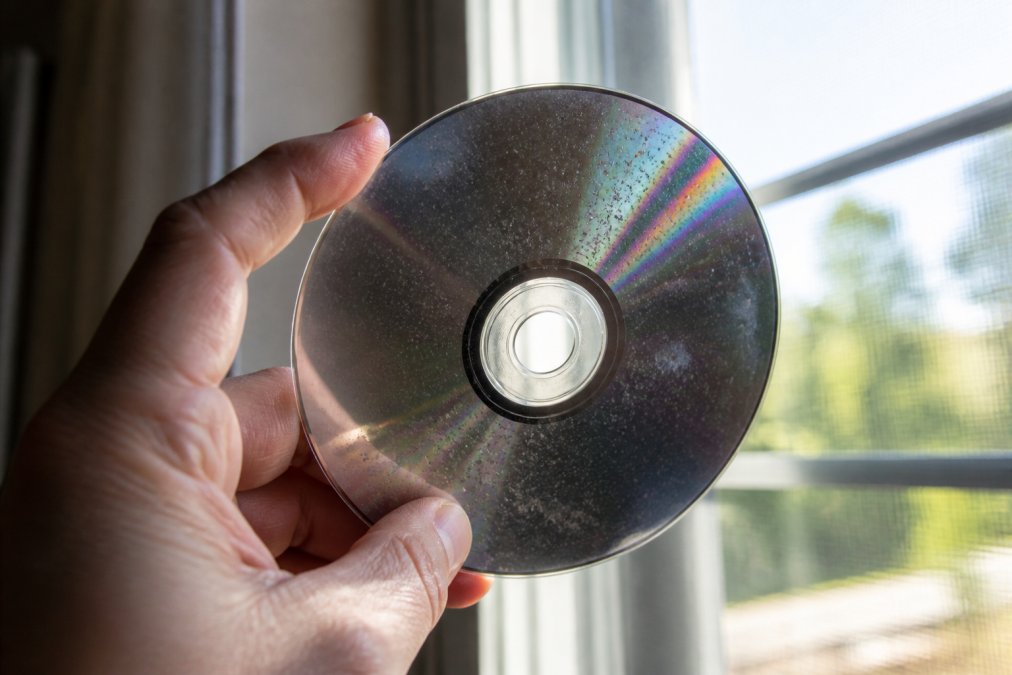 Person holding a retro game disc to a bright window to inspect the surface for signs of disc rot