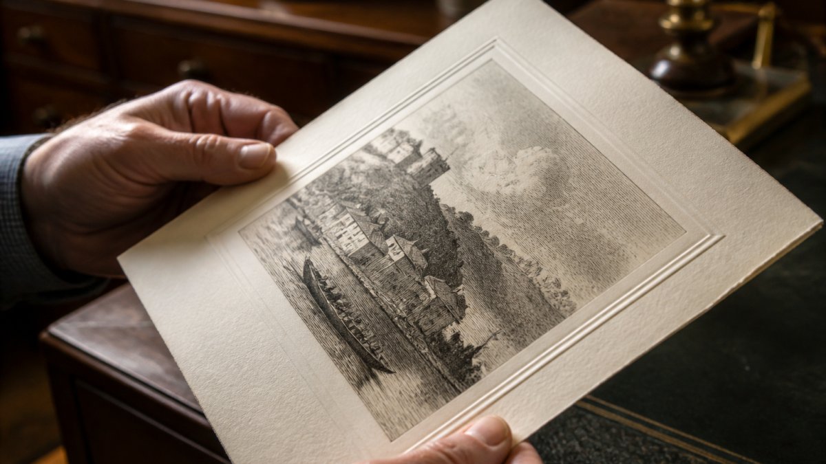Collector hands holding an antique print to reveal the embossed plate mark edge catching the light