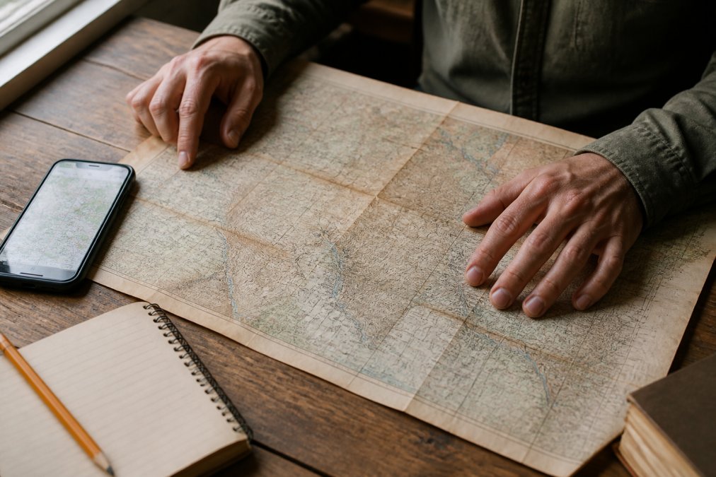 A person's hands spreading an old paper topographic map across a wooden desk, with a modern smartphone showing a map app resting beside it and a pencil and notebook nearby, natural window light