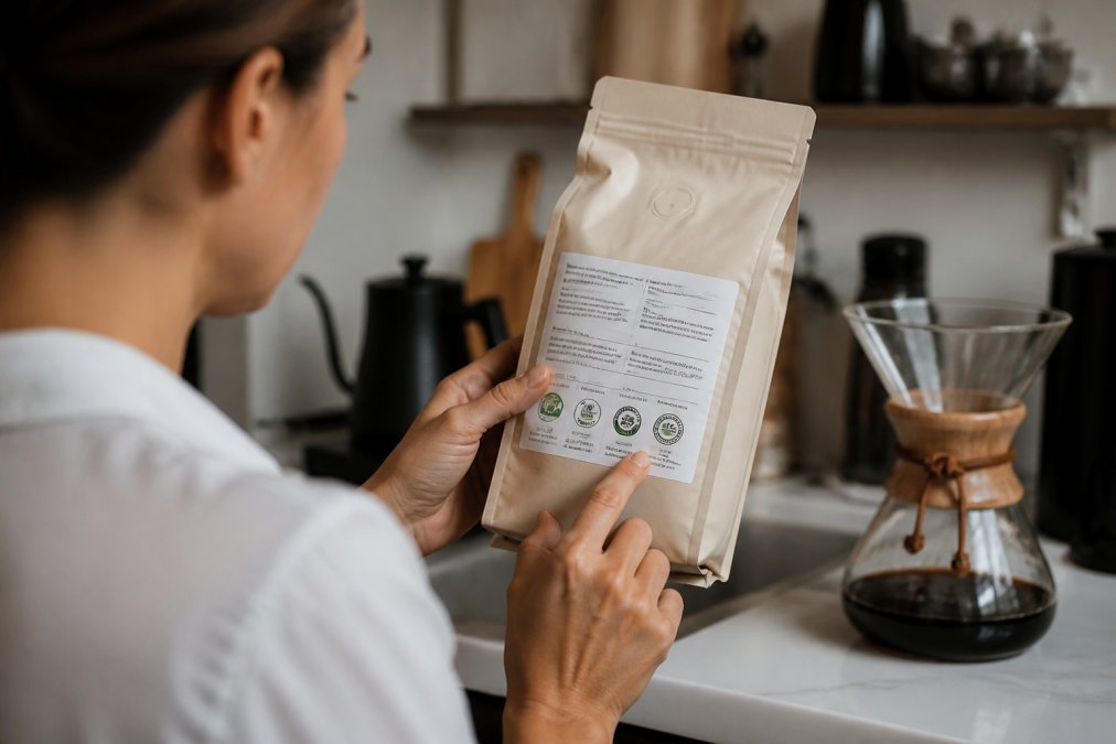 Person reading certification labels on a bag of ethically sourced coffee in a kitchen setting
