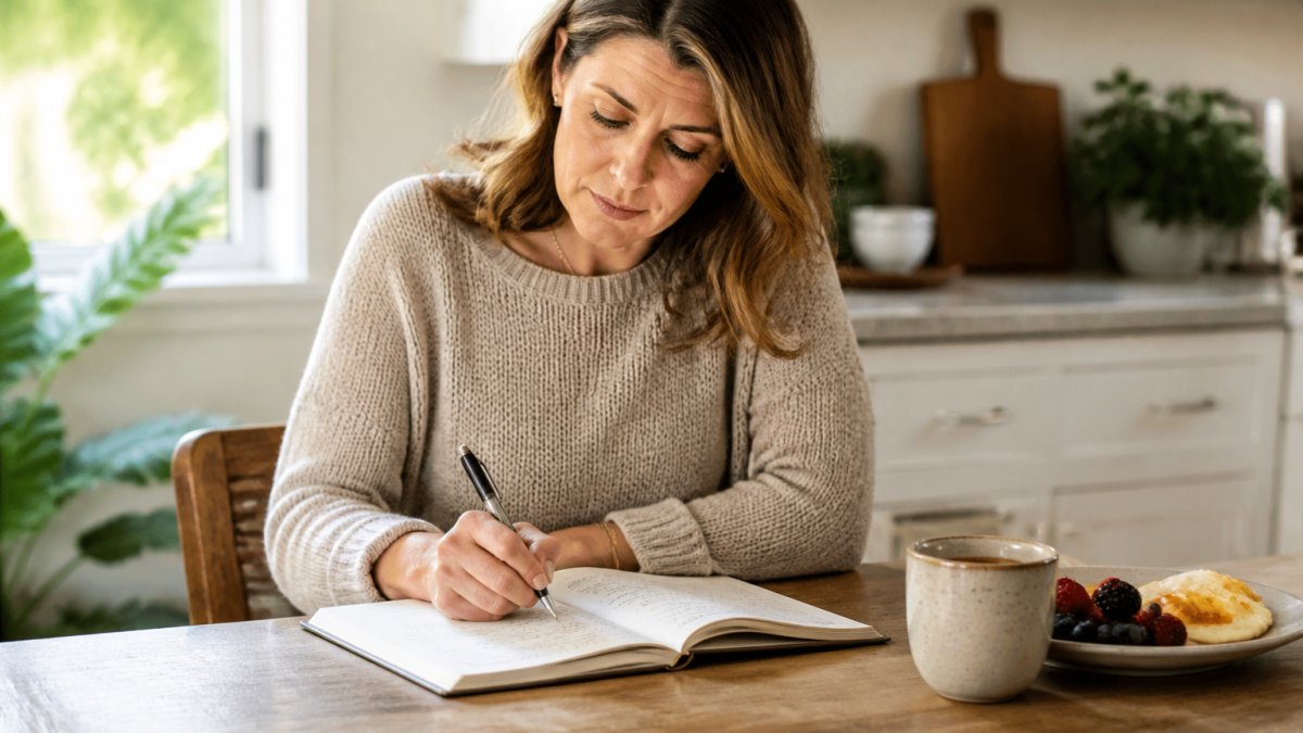 A woman in her 40s sitting at a kitchen table in soft morning light, writing in a paper food journal with a pen, a cup of tea and a plate of breakfast beside her, calm and focused expression