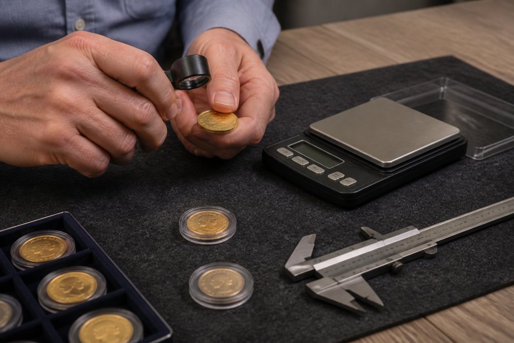 Close-up of hands using a jeweller's loupe and digital scale to inspect an antique gold coin on a clean felt surface, with calipers nearby