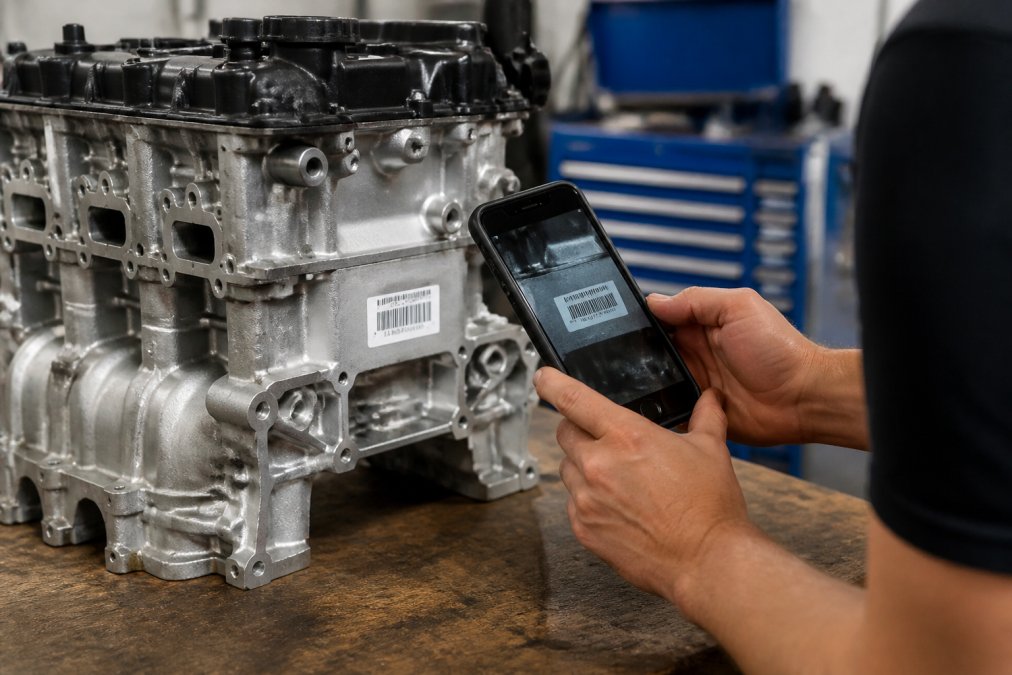 Mechanic using a smartphone to scan a barcode on an engine component, with the part number clearly visible on the component label in the background, in a bright workshop setting