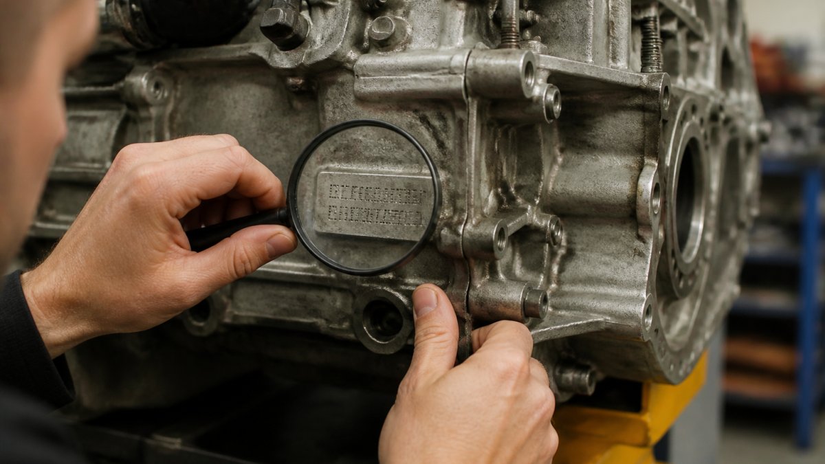 Close-up of technician's hands using magnifying glass to read stamped engine serial number on Porsche engine block in well-lit workshop