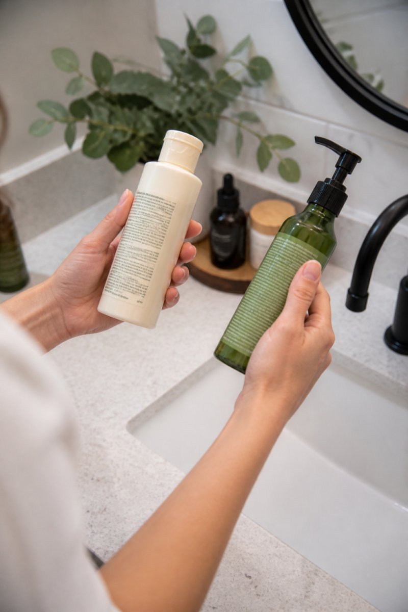 Close-up of a person's hands holding two different cosmetic bottles, comparing the ingredient labels in a brightly lit bathroom