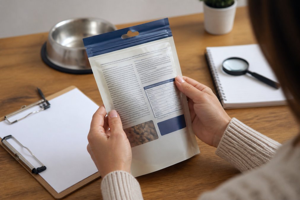 Close-up of hands holding a dog treat package, examining the ingredient list and guaranteed analysis label on the back in natural lighting