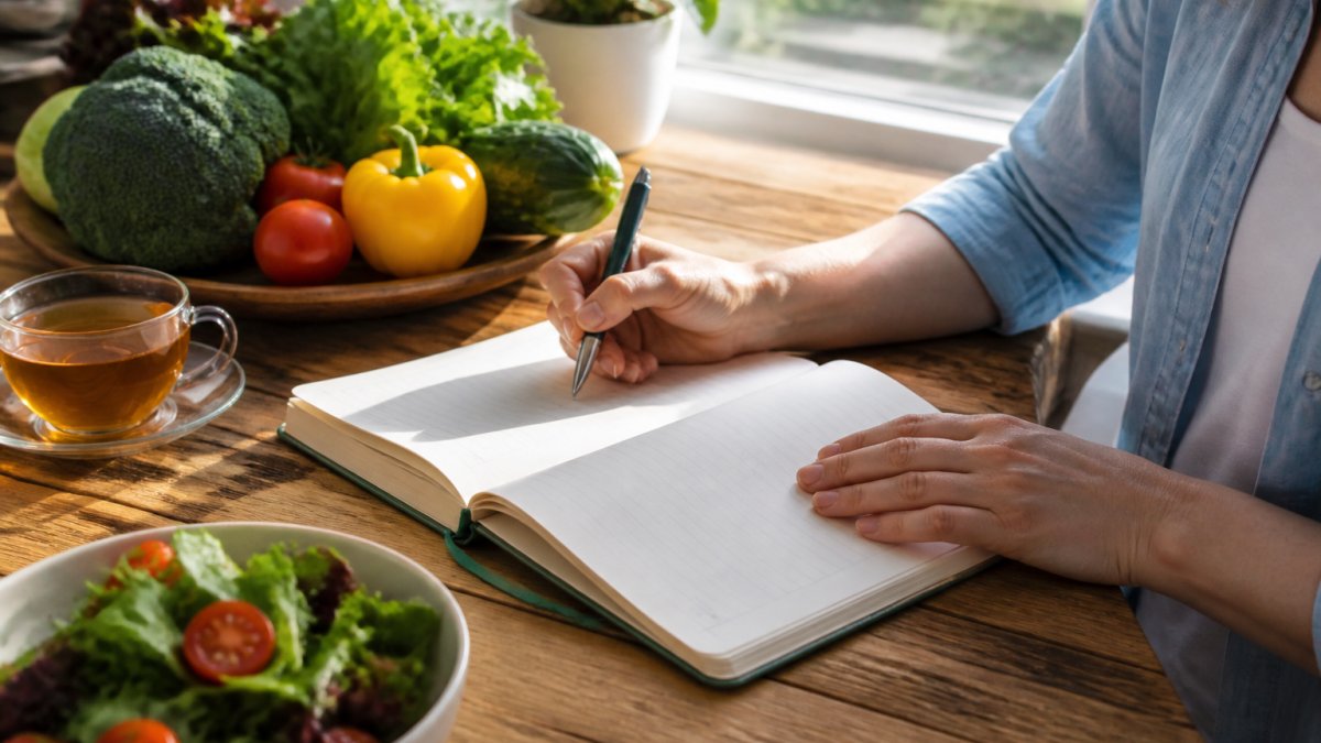 Close-up of hands writing in a food journal at a kitchen table with fresh vegetables and a cup of tea nearby, natural morning light streaming through a window