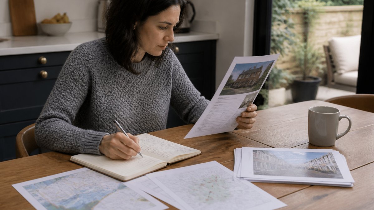 A person at a kitchen table with a laptop, printed property listing and a notebook, checking official flood and crime data before making an offer