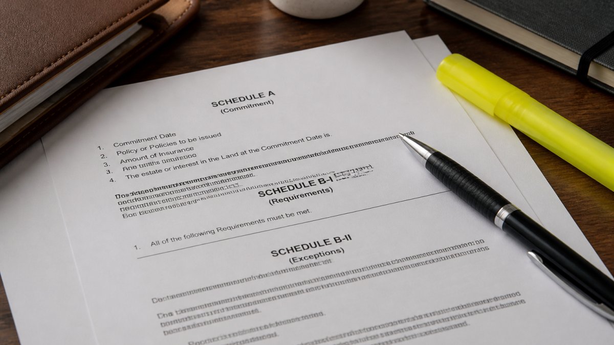 Close-up of a title commitment document with Schedule A, B-I, and B-II sections visible, a pen and highlighter resting on the page
