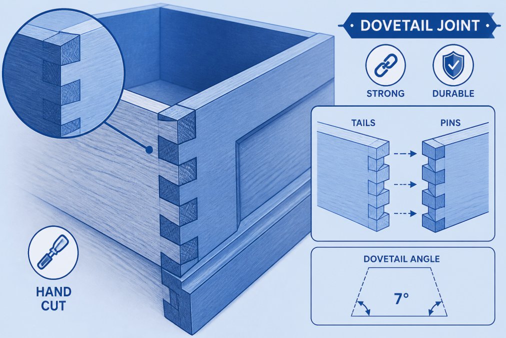 Close-up of hand-cut dovetail joints showing interlocking wood grain and precision craftsmanship on a wooden drawer corner in natural workshop lighting