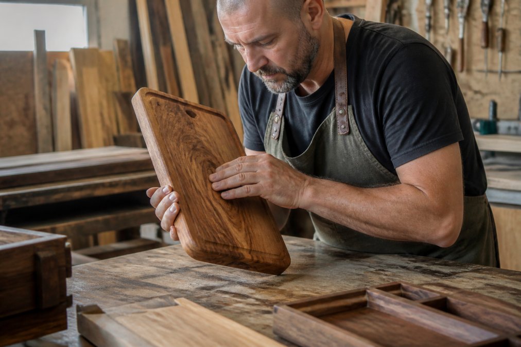Woodcrafter's hands carefully inspecting a wooden piece, examining grain patterns, running fingers along edges, and assessing weight and finish details in natural workshop lighting