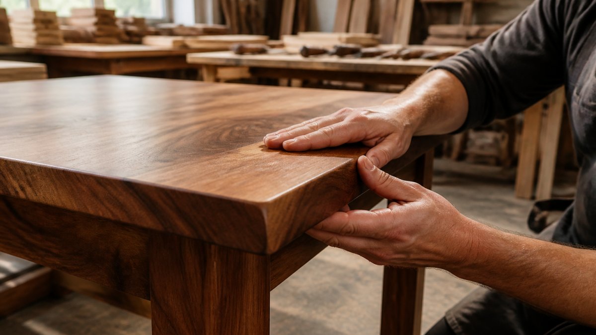 A close-up of a person's hands running along the edge of a solid wood dining table, inspecting the grain and smooth finish in a bright workshop