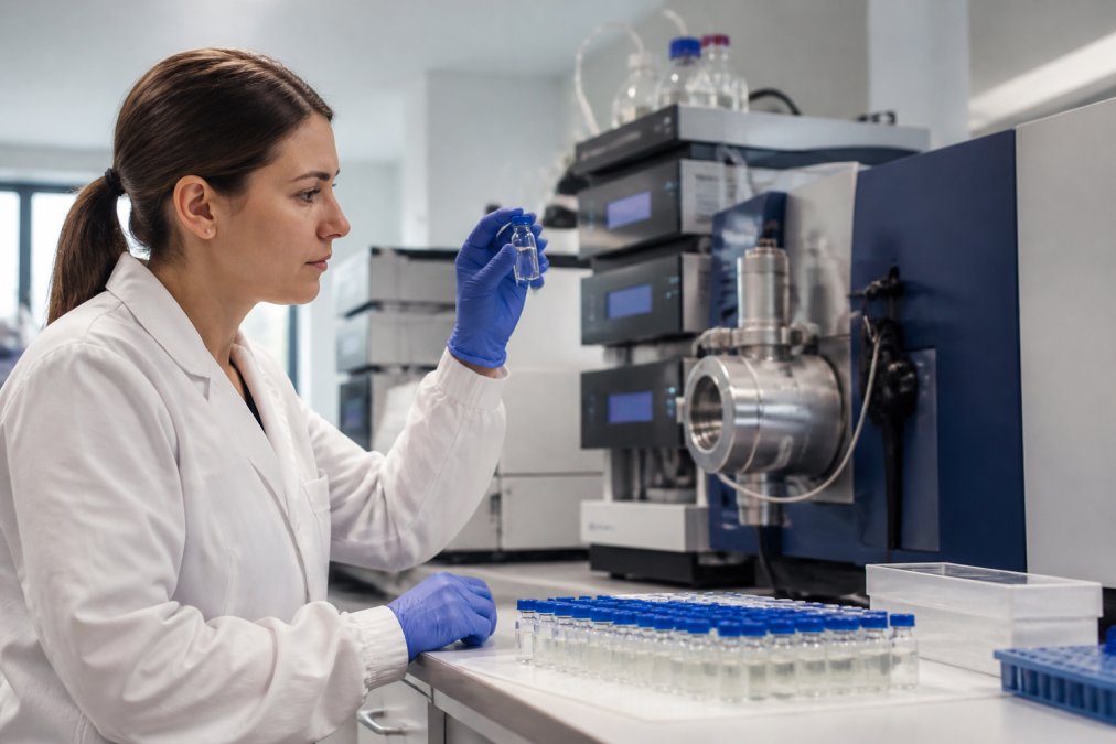 Laboratory technician examining multiple peptide samples in clear glass vials under precise analytical lighting, with HPLC and mass spectrometry equipment visible in the background of a modern research facility
