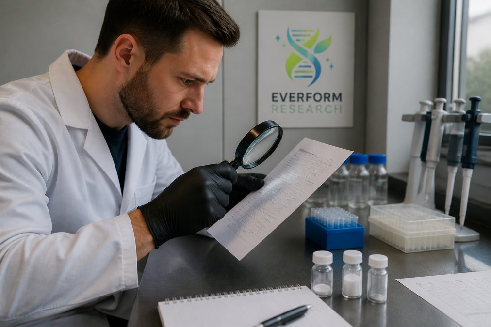 Professional researcher examining a printed certificate of analysis document at a laboratory bench with magnifying glass, technical specifications visible, natural laboratory lighting