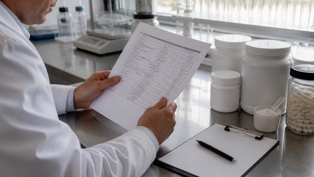 Lab technician in a white coat reviewing a certificate of analysis on a stainless steel laboratory bench