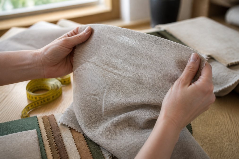 Diagram demonstrating how to assess the weave, weight, and drape of sustainable fabrics using tactile inspection.
