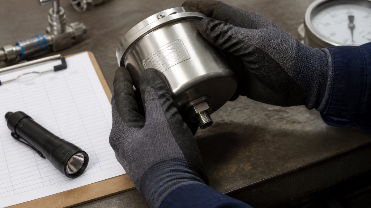 Close-up of a technician's gloved hands tilting a stainless steel pressure gauge to read the metal nameplate on the case, with a clipboard and flashlight on a plant workbench nearby