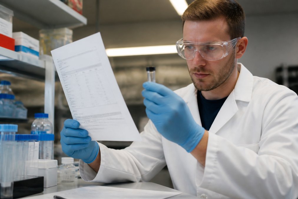 A researcher in a laboratory holding a Certificate of Analysis document next to a glass vial, comparing lot numbers under bright overhead lighting with a focused expression