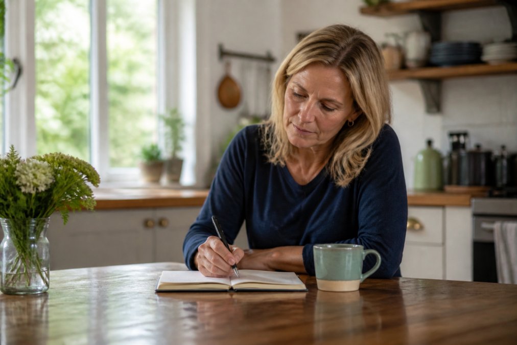 Diagram showing a step-by-step process to identify negative thought patterns while journaling at a kitchen table.