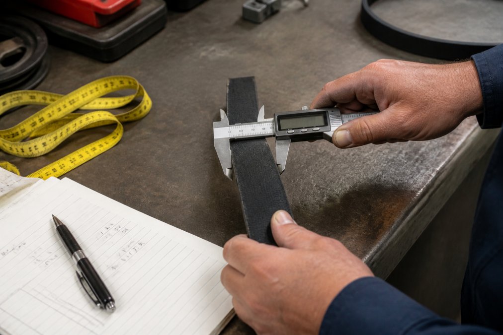 Close-up of a technician's hands holding a digital caliper against the top width of a worn V-belt laid flat on a workbench, with a cloth tape measure and handwritten measurement notes on paper beside it, lit by a bright work lamp