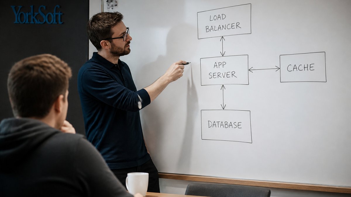 A developer standing at a whiteboard covered in a hand-drawn system architecture diagram with arrows between boxes labelled load balancer, app server, cache and database, office lighting
