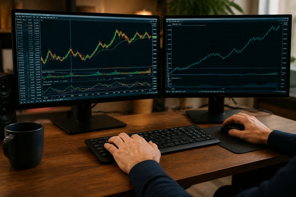 Close-up of a trader's hands on a keyboard and mouse, with a dual-monitor setup displaying MT5 charts and an equity curve on the screen
