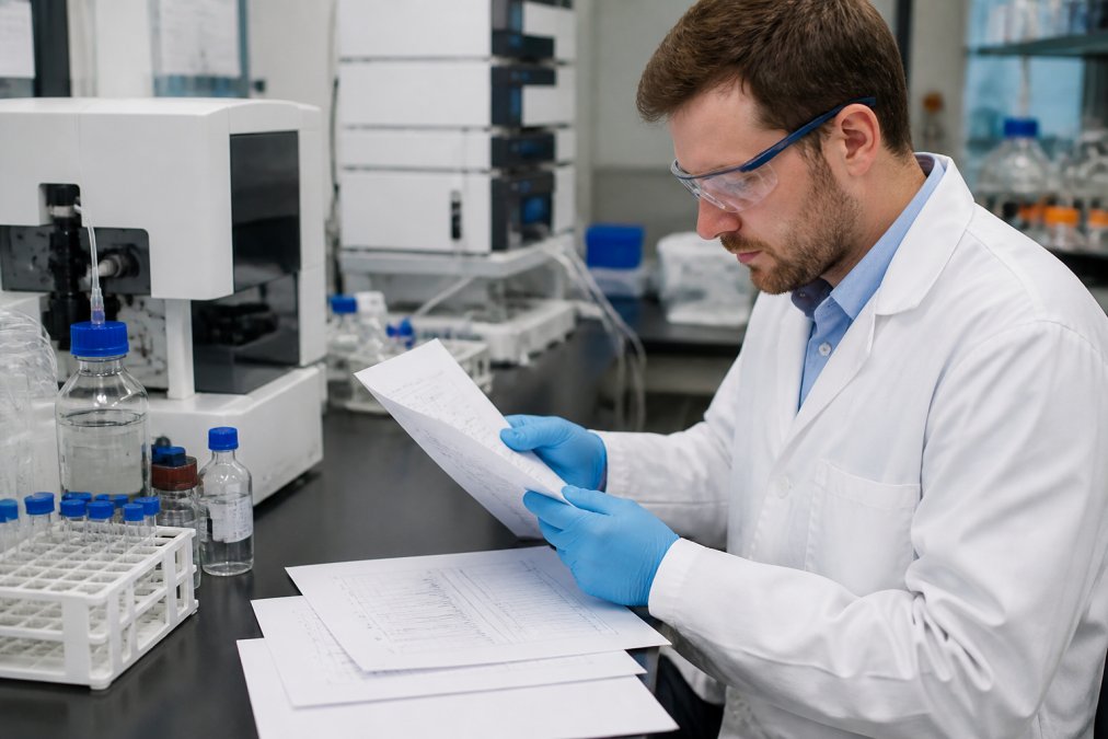 Professional researcher in white coat carefully examining laboratory documentation and analytical test results at a clean bench workspace, with HPLC and mass spectrometry equipment visible in soft background lighting
