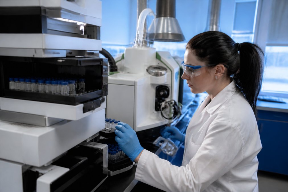 Analytical chemist in sterile lab coat operating precision HPLC and mass spectrometry instrumentation in a modern quality control laboratory with blue-tinted accent lighting and clean benchtops