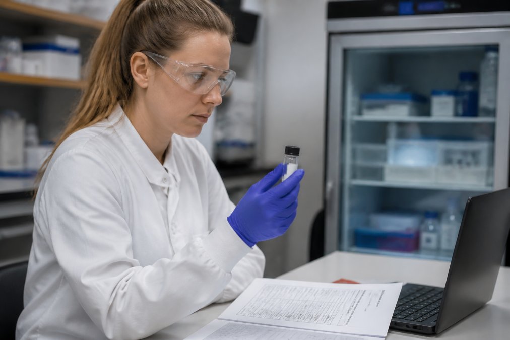 A laboratory researcher in a white coat and safety glasses examining a small glass vial beside a printed certificate of analysis on a clean bench, with a laptop and cold storage unit visible in the background