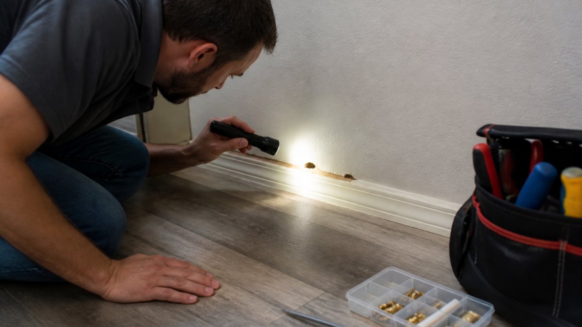 Homeowner using a flashlight to inspect baseboard gaps for rodent activity in walls and gnaw marks