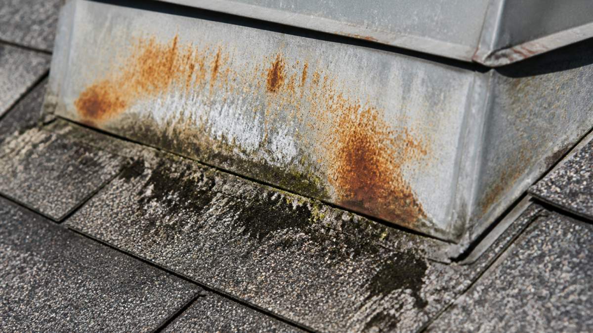 Close-up of roof flashing showing orange rust spots, white oxidation streaks, and dark mold growth where flashing meets roof surface in bright daylight