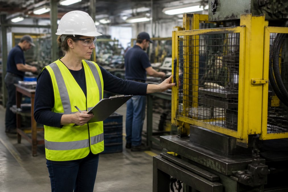 A safety manager in a hard hat and high-visibility vest walking a manufacturing floor with a clipboard, pausing to inspect a machine guard while operators work at stations under overhead lighting
