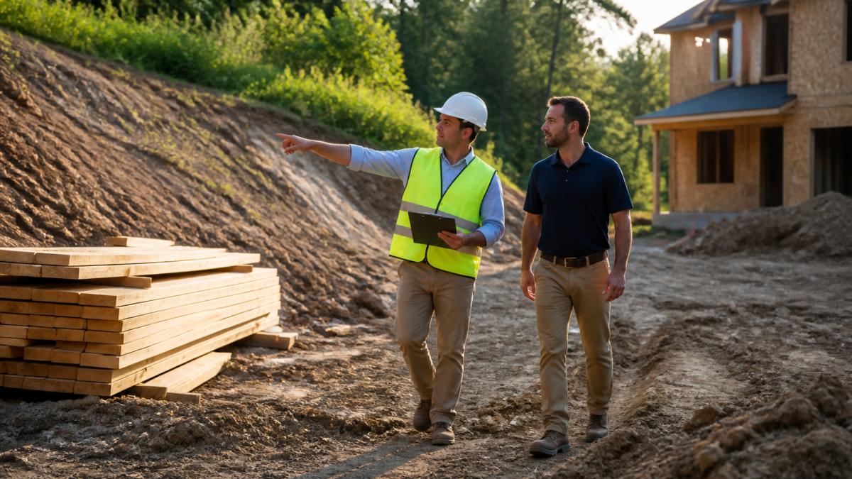 A general contractor in a hard hat and safety vest walking a residential lot with a clipboard, pointing out an uneven slope and a stack of lumber to a colleague, morning light