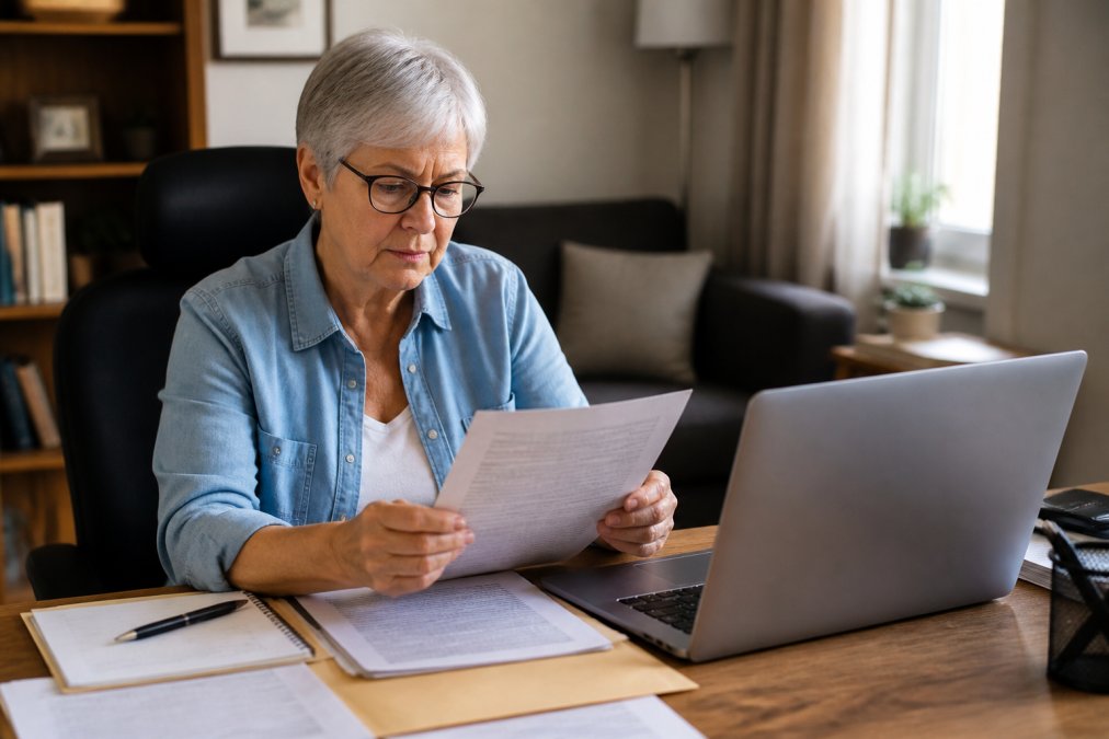Senior reviewing documents and credit reports on a laptop for identity theft protection for seniors 2026