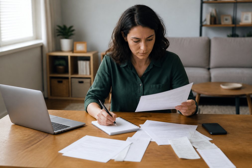 Person at a desk reviewing documents and taking notes, with a laptop and phone nearby, looking focused and organized during crisis management
