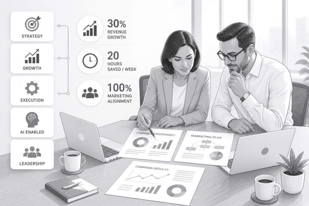Marketing director and small business owner collaborating at a wooden conference table, reviewing printed analytics reports and strategy documents with laptops and coffee cups visible, natural office lighting from large windows