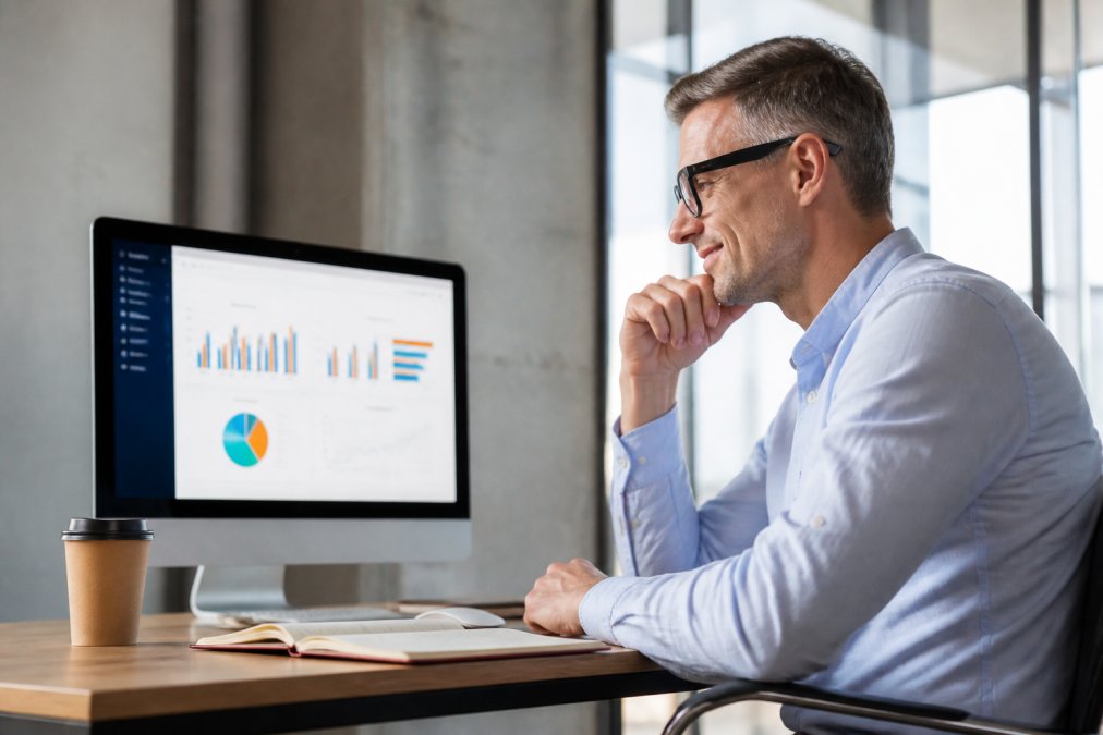 Business professional reviewing performance metrics on a desktop computer displaying colorful dashboards and charts, with a satisfied expression, coffee cup and open notebook visible on the desk, professional office lighting