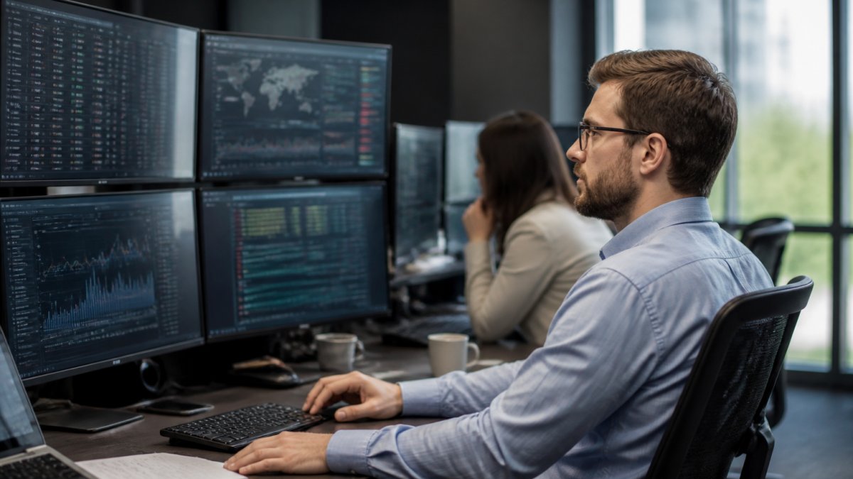 Analysts monitoring real-time iGaming platform compliance data on multiple screens in a modern control center.