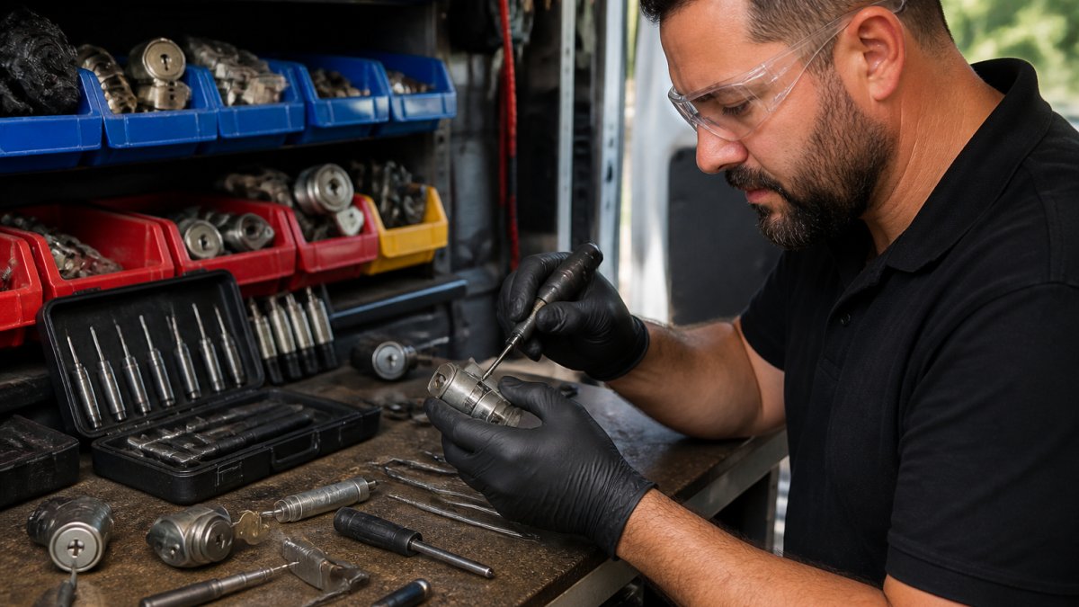Professional locksmith's hands holding specialized ignition diagnostic equipment and repair tools on a workbench, with safety glasses and protective gloves visible under bright workshop lighting