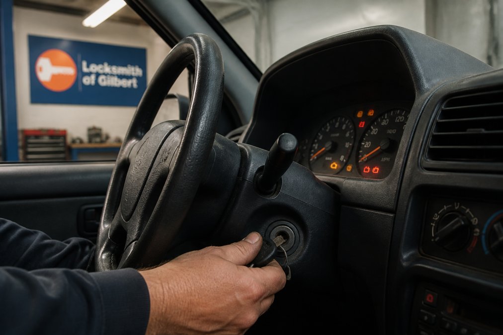 Close-up of a driver's hand inserting a worn car key into a steering column ignition slot, dashboard warning lights glowing softly in a dim garage