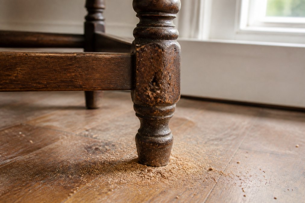 Close-up photograph of an antique wooden chair leg showing small round exit holes and fine powdery frass on the floor beneath it, soft natural light from a nearby window