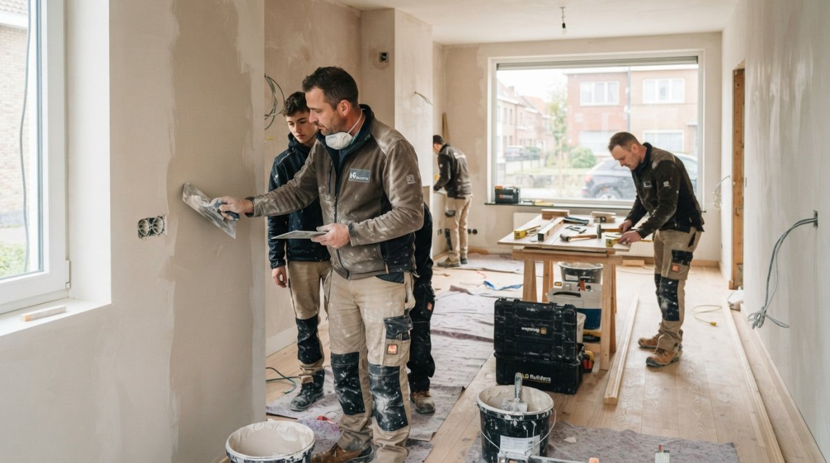 Team van vakmannen aan het werk op een renovatieproject, met aandacht voor detail bij pleisterwerk en afwerking in een woonkamer met natuurlijk licht