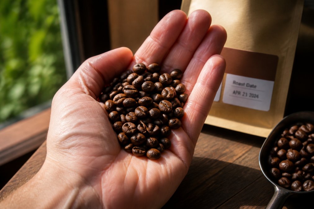 Close-up of freshly roasted coffee beans in an open hand, showing rich brown color variation and texture detail, with a roast date label visible in soft morning sunlight streaming across the palm