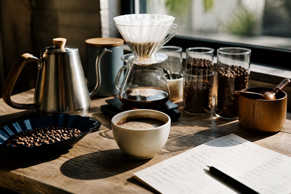 Pour-over coffee setup with specialty brewing equipment, a white ceramic cupping bowl containing coffee in the center, and handwritten tasting notes on paper beside it, natural window light illuminating the scene