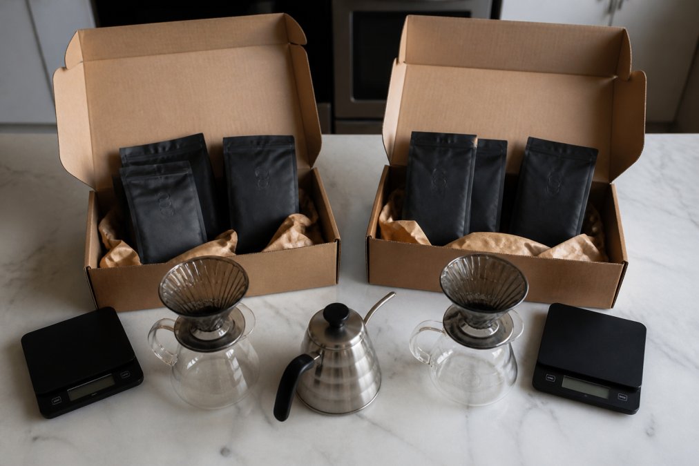 Overhead shot of two coffee subscription boxes side by side on a kitchen counter, each with branded bags of whole bean coffee, a pour-over setup, and a digital scale nearby