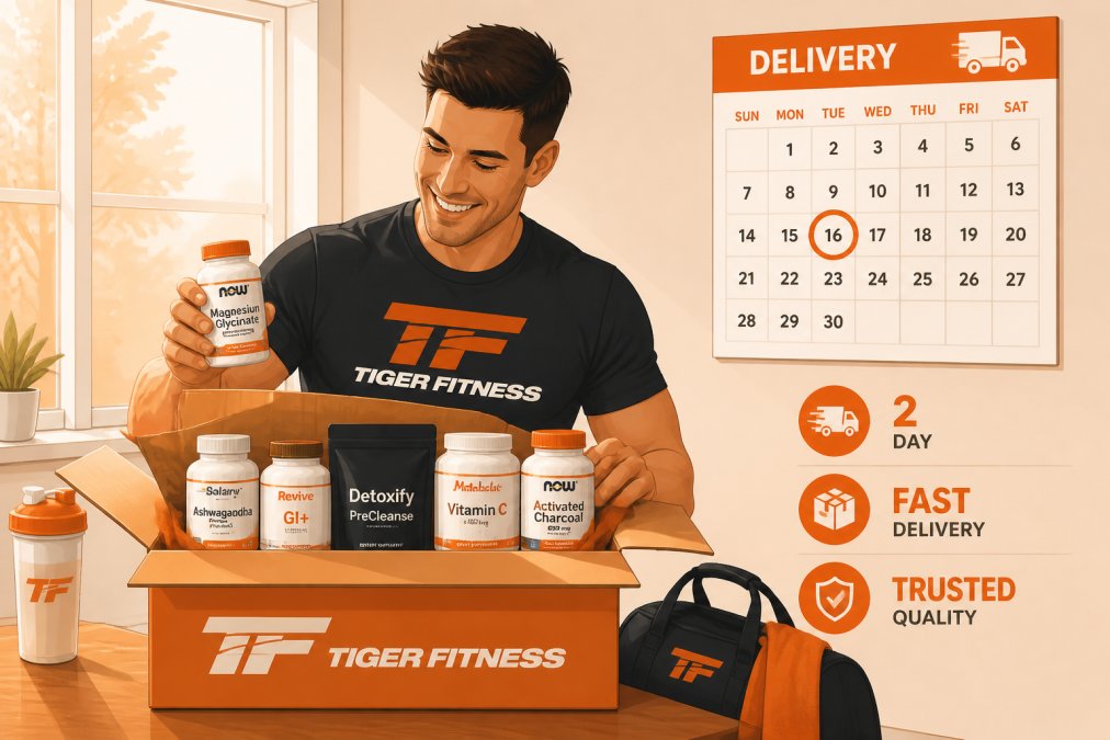 Athlete unboxing a package of supplements at home with a calendar showing delivery date visible on the wall, natural lighting from a window
