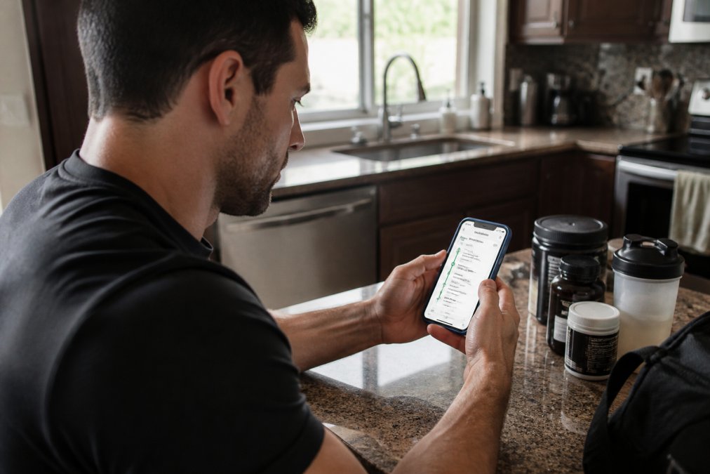 Close-up of hands checking order tracking on a smartphone with shipping notification and delivery date visible on screen, natural indoor lighting